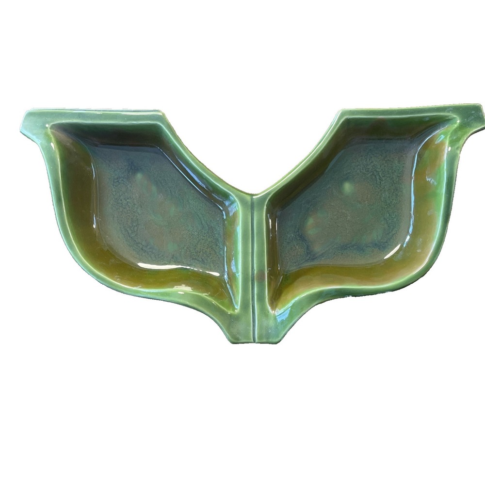 California Pottery 845-846 Green Gold Glaze MCM Divided Serving‎ Unique VTG
